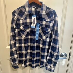 NWT Men’s FRYE Plaid Jacquard Shirt Deep Night Sky Navy Blue Size Large